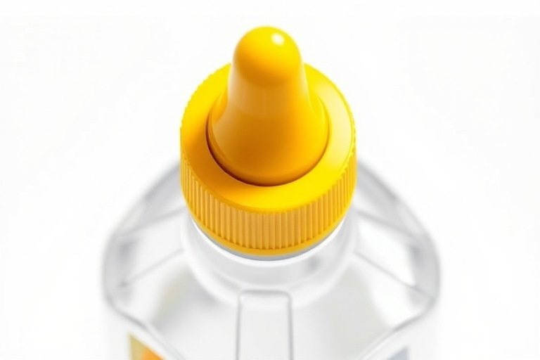 Create a high-resolution illustration of a clear glue bottle with a yellow cap, using a soft focus lens, aperture f/2.8, 50mm focal length, top-down view, studio lighting setup.