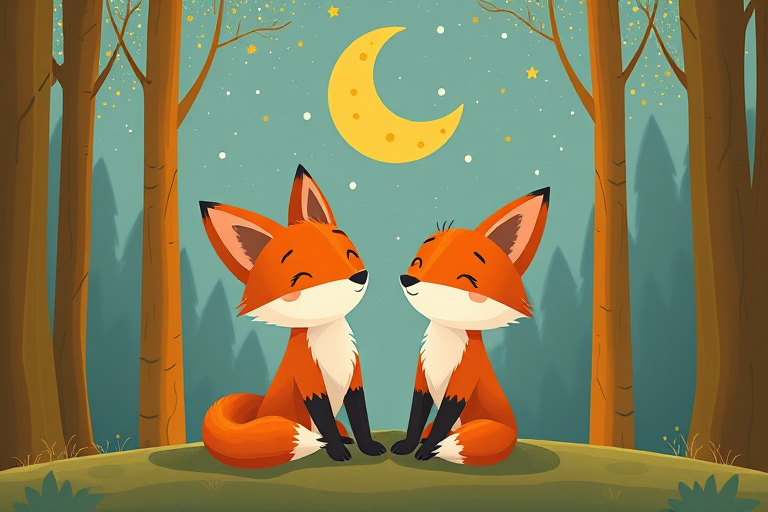 Create an illustration of two cartoon foxes sitting together in a forest, gazing up at a whimsical, smiling crescent moon with polka dots, surrounded by tall trees and a starry sky, using a warm color palette of oranges and blues; shot with a Canon EOS R5 at f/2.8, ISO 100, 50mm lens, in a portrait orientation to enhance detail and depth.