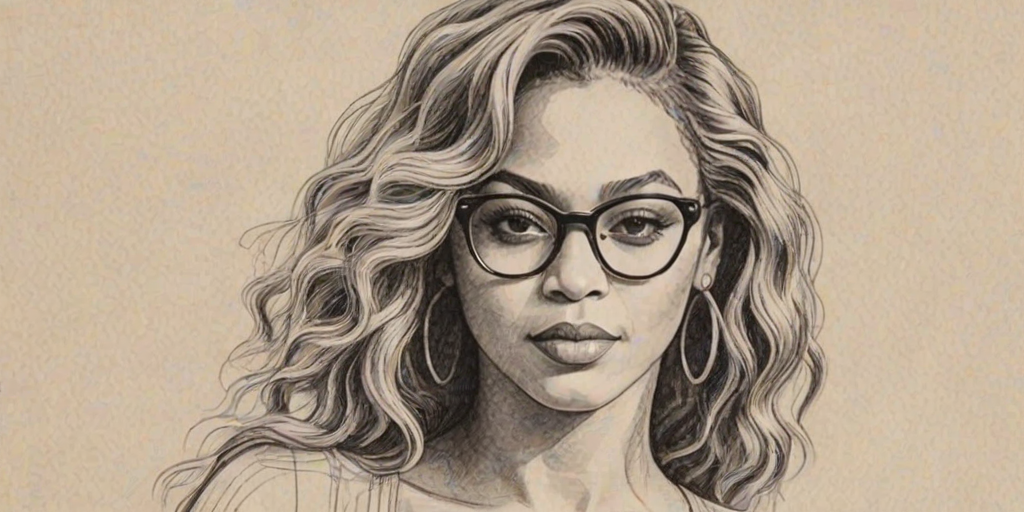Exquisite Beyonce, pencil sketch, portrait of Attractive woman 1921s in glasses, hair style beatnik, outline, clear lines, fine lines, 8k