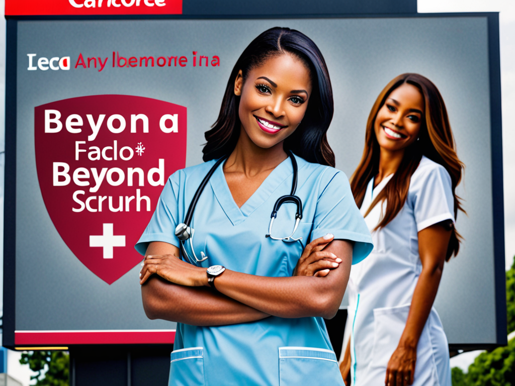 A Real Nurse in a Beyond Care Scrubs Ad printed on a billboard in the USA