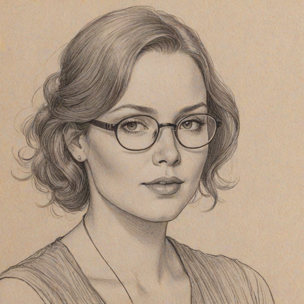 Splendid Cassandra Clare, pencil sketch, portrait of Radiant woman 1929s in glasses, hair style beatnik, outline, clear lines, fine lines, 8k