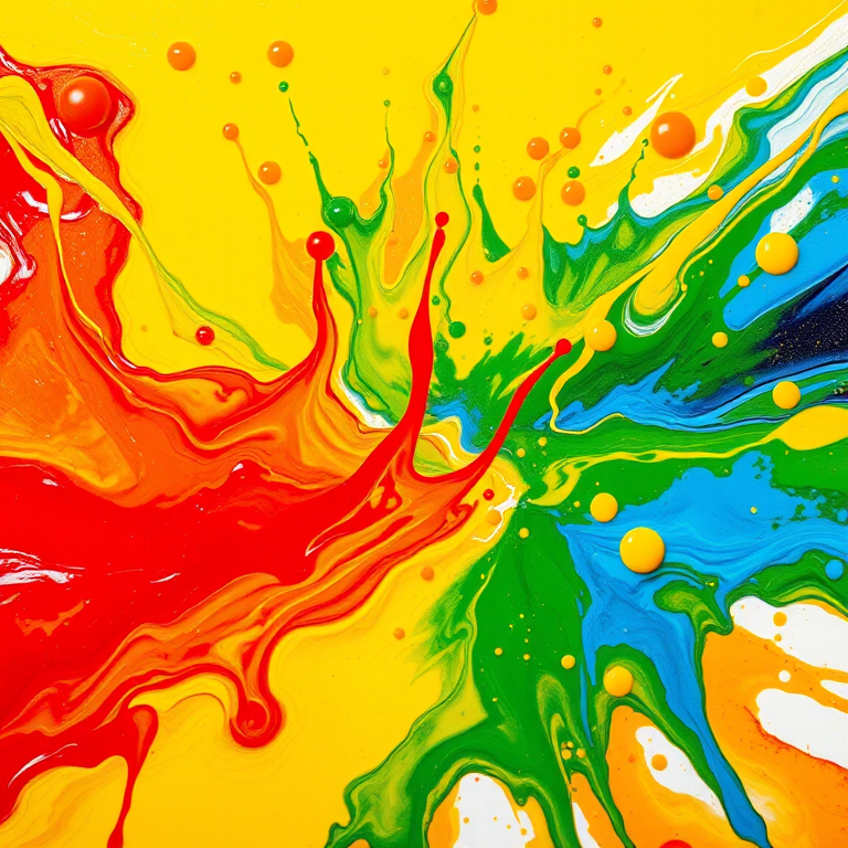 Create a vibrant abstract splash of paint with bright colors like red, yellow, green, blue, and orange, using a DSLR camera, aperture f/8, shutter speed 1/250s, ISO 100, top-down view, high contrast, and enhanced saturation for clarity.