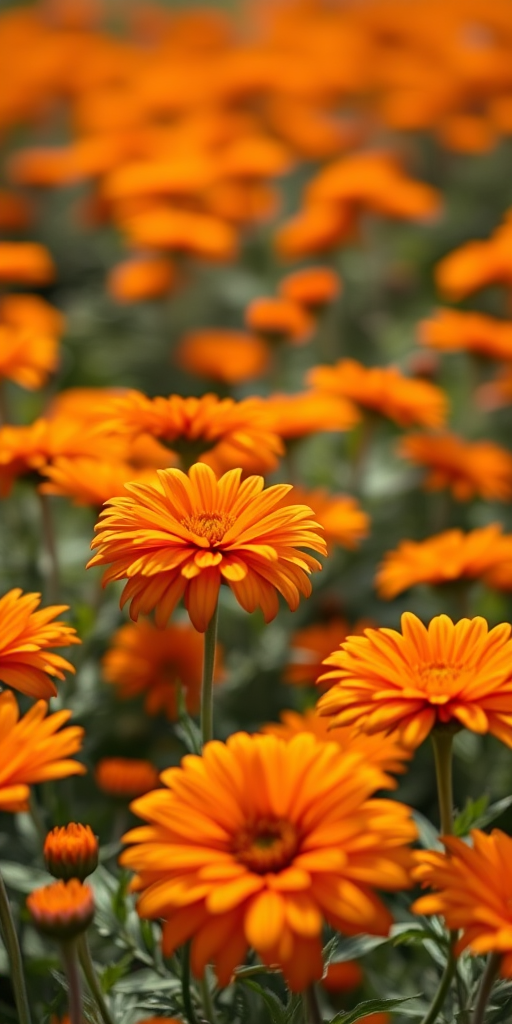Capture a vibrant close-up of a field of orange chrysanthemums in soft focus with a shallow depth of field, using a Canon EOS R5, 50mm f/1.2 lens, ISO 100, aperture f/1.8, and natural sunlight for even illumination.