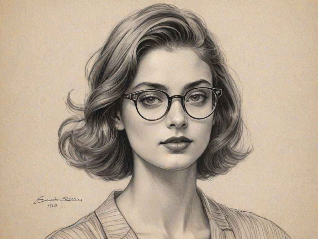 Splendid Diana Silvers, pencil sketch, portrait of Exquisite woman 1924s in glasses, hair style beatnik, outline, clear lines, fine lines, 8k