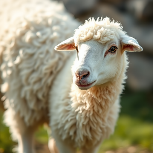 Create a high-quality close-up illustration of a standing white sheep with a detailed wool texture, using a DSLR camera at f/4 aperture, ISO 100, 50mm lens, in natural light for a soft-focus background effect.
