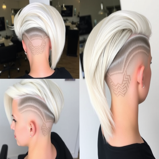 Edgy Platinum Blonde Undercut with intricate geometric designs shaved into the sides, contrasting with long, sleek top layers for a bold and modern asymmetrical style