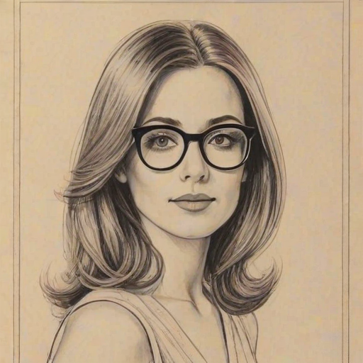 Splendid Freddie Prinze Jr., pencil sketch, portrait of Bewitching woman 1972s in glasses, hair style beatnik, outline, clear lines, fine lines, 8k