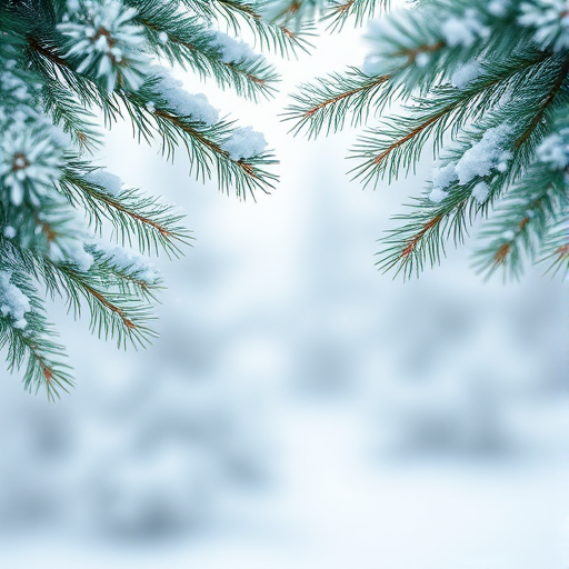 Generate a winter scene with a soft focus background. Include snowy fir tree branches framing the image. Add a gentle snowfall effect and a light blue color palette to create a serene and festive atmosphere. Ensure the center of the image is blurred to emphasize the surrounding branches.
