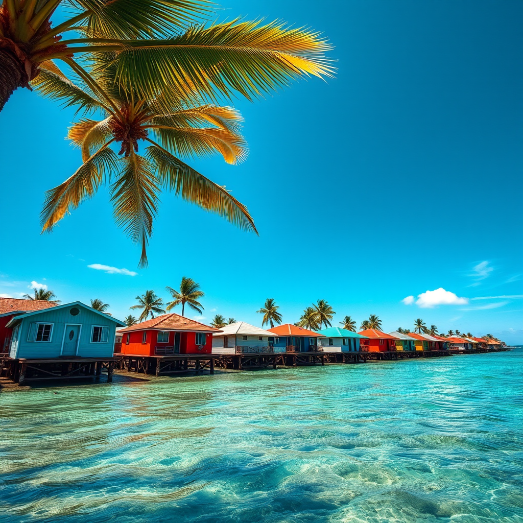 vibrant coastal village with colorful stilt houses under a bright blue sky, palm trees swaying, clear turquoise water in the foreground, shot with a Canon EOS R5, 35mm lens, f/8 aperture, ISO 100, natural light, high dynamic range imaging, wide-angle view