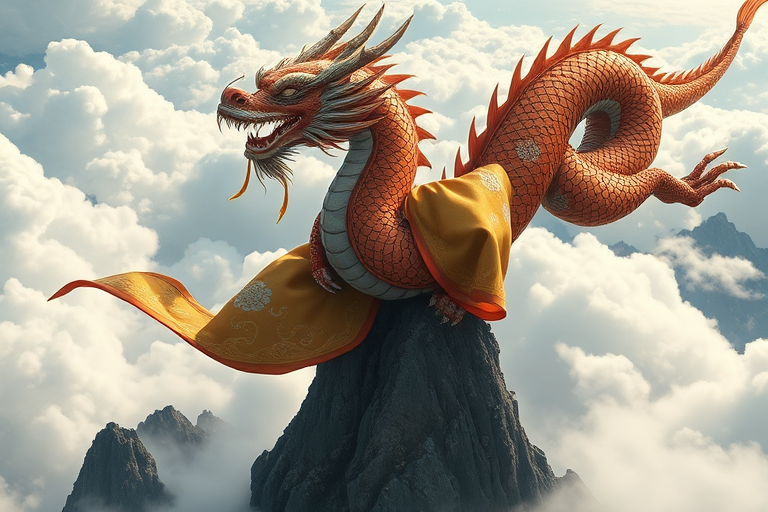 animanflux,This is a very detailed and realistic digital artwork.in traditional Chinese attire, Tang dynasty, At the top of a mountain peak surrounded by clouds, an anthropomorphized dragon was hovering in the sky. The mountain peak was surrounded by clouds and mist, as if it was a fairyland on earth, and the air was filled with a mysterious aura. Its eyes were deep and wise, with a hint of condescension on its face, as if it was looking down on everything in the world. Wearing a golden robe embroidered with cloud patterns and waves, it appeared dignified and sacred, and the hem of the robe swung gently as it flew, as if dancing with the clouds. Mountain peaks, clouds and mist, its robe gently swinging with the wind, the whole scene is full of mystery and solemnity