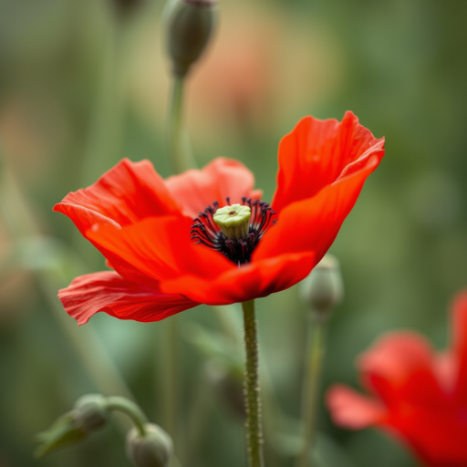 Create a high-resolution image of a vibrant red poppy flower with soft watercolor effects, taken with a Canon EOS 5D Mark IV at f/2.8, ISO 100, and a 50mm lens, in a macro view to capture intricate details and textures.