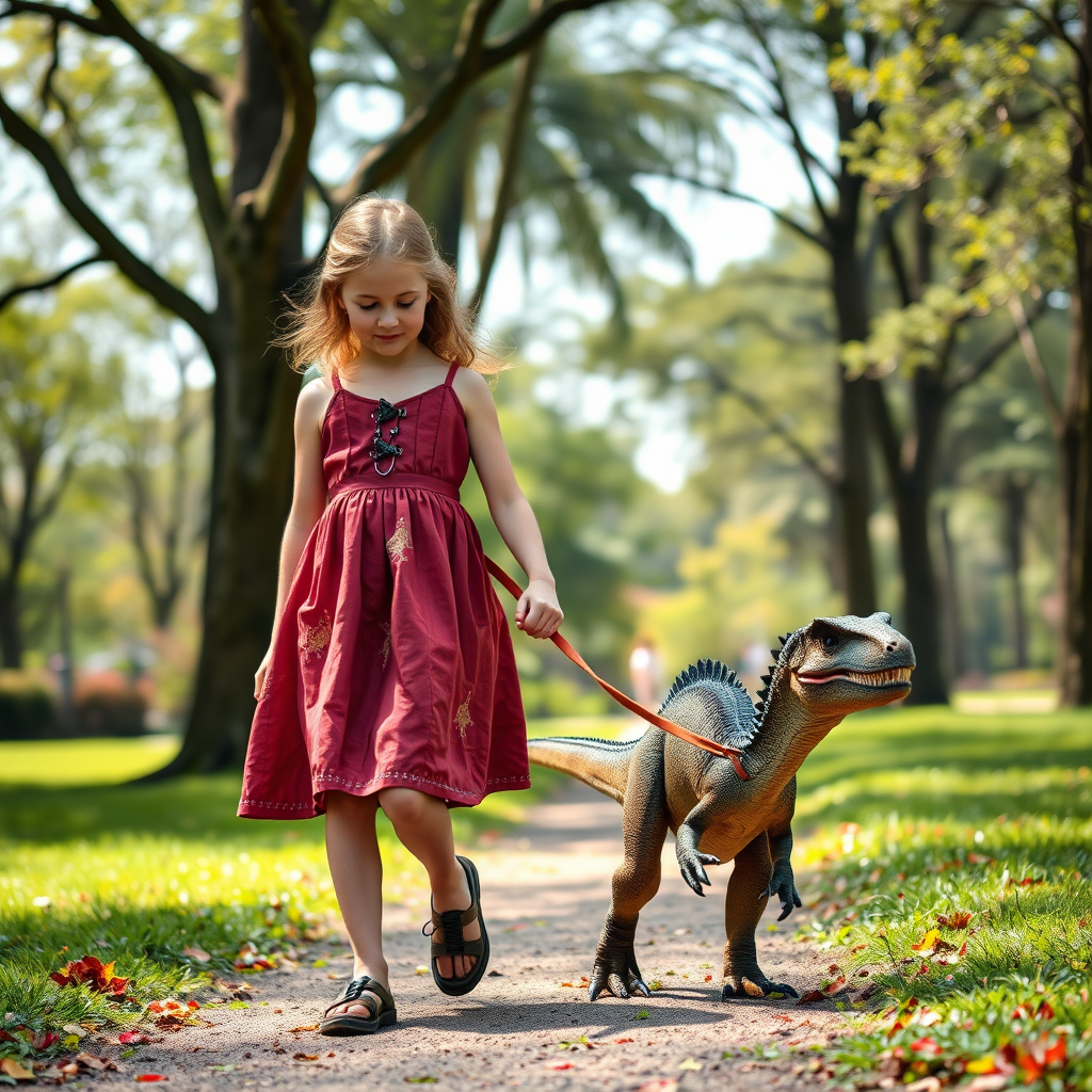 12 year old girl in a dress walking her pet Velociraptor on a leash through a park
