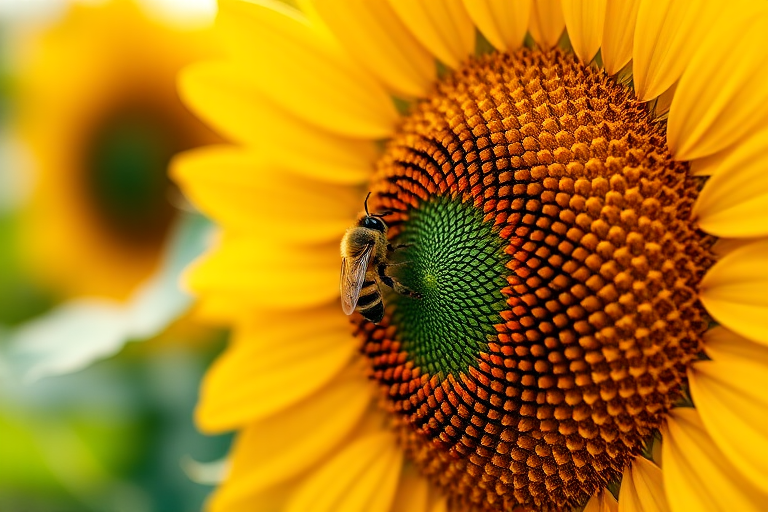 Generate a vibrant close-up image of a sunflower with a bee on the center, using a Canon EOS R5 camera, 50mm lens, f/2.8 aperture, ISO 100, and a shallow depth of field to highlight the flower and create a blurred background effect.