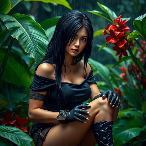 A highly detailed photograph of a woman with long black hair, sitting in the rain beneath lush green foliage. She wears a black off-the-shoulder top, fingerless gloves, and combat boots, giving her a rugged, militaristic look. Her left arm is bandaged, hinting at a recent struggle. The jungle background is vibrant, with large green leaves and red flowers contrasting against the rainy, dark sky. Fine rain droplets add realism and atmosphere to the scene.
