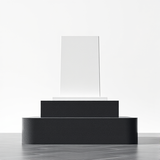 Create a 3D rendering of a minimalist black and white monument on a pedestal, using a DSLR camera set to f/8 aperture, ISO 200, 50mm lens, shot from a low angle view with soft natural lighting to enhance the image quality.