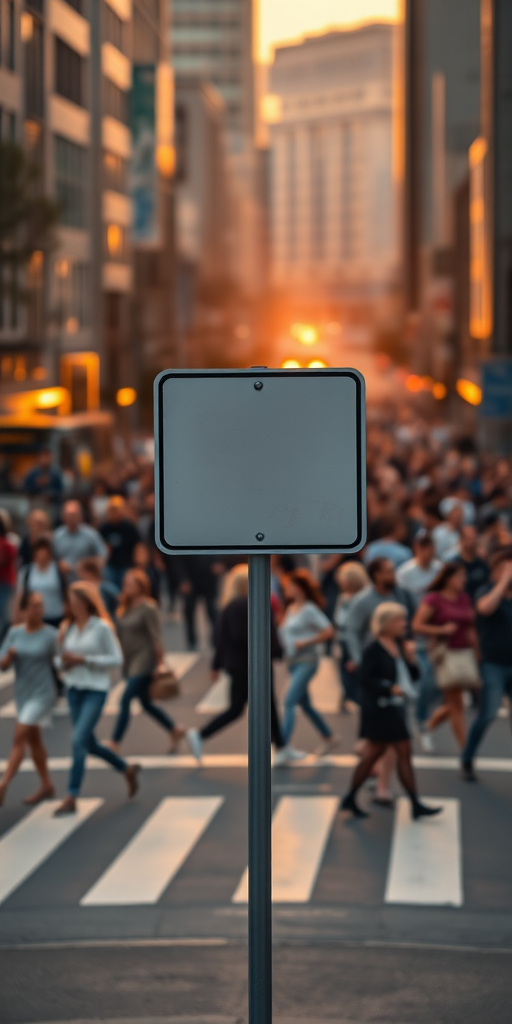 Create a city street scene with a crowded crosswalk filled with diverse pedestrians during sunset, featuring a blank road sign prominently in the foreground, using a Canon EOS R5 camera, 50mm lens, f/1.8 aperture, ISO 200, 1/200 second shutter speed, shallow depth of field for background blur, capturing warm golden hour lighting.