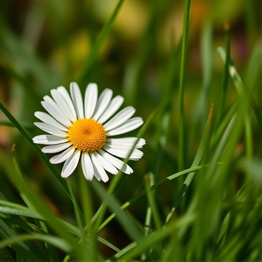 Macro shot of a white daisy flower with a yellow center nestled among green grass, taken with a Canon EOS 5D Mark IV, 50mm lens, aperture f/2.8, shutter speed 1/250 sec, ISO 100, natural sunlight, shallow depth of field focusing on the flower with a blurred background.