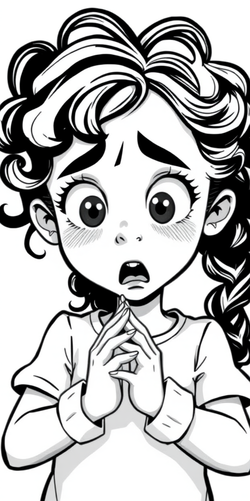 The image is a black and white illustration of a young girl with curly hair. She has a surprised expression on her face with her mouth open and her hands clasped together in front of her chest. Her eyes are wide and her eyebrows are furrowed. Her hair is styled in loose curls that are cascading down her back. The overall mood of the image is one of shock or surprise.
