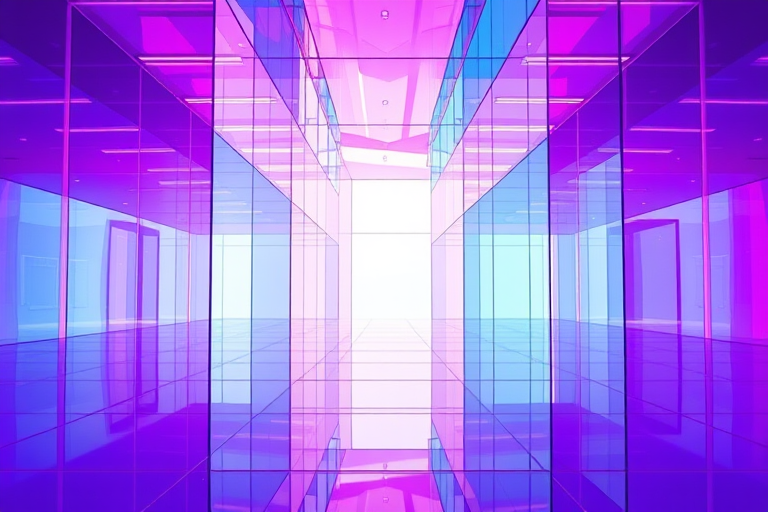 Create a hyper-realistic 3D render of a vibrant, abstract architectural space featuring transparent and colored glass structures in shades of purple and blue, incorporating soft lighting effects and reflections, using a 50mm lens with f/2.8 aperture, ISO 100, focal length 50mm, and a DSLR camera.