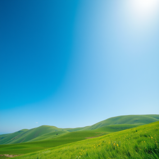 Generate a high-resolution image of a serene landscape featuring rolling hills under a clear blue sky, with vibrant green grass and a few scattered wildflowers, taken with a DSLR camera at f/8 aperture, ISO 100, 50mm lens, top-down view.