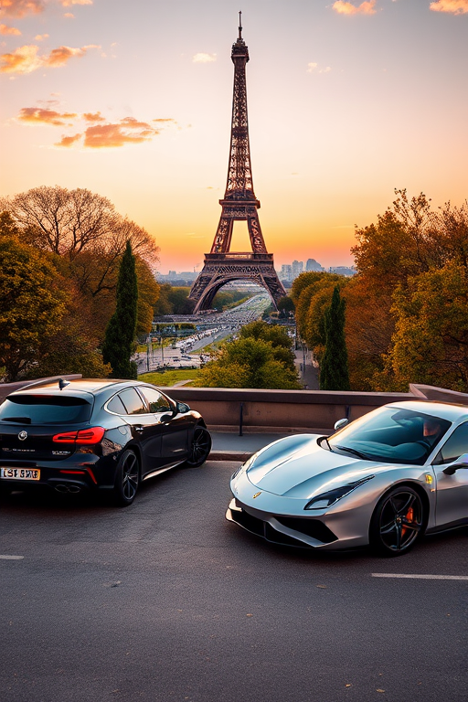 Create a high-resolution landscape image featuring a scenic view of the Eiffel Tower in the background with two luxury cars parked in the foreground, captured with a DSLR camera at f/8 aperture, ISO 100, 24mm focal length, shot during golden hour for warm lighting and enhanced colors.