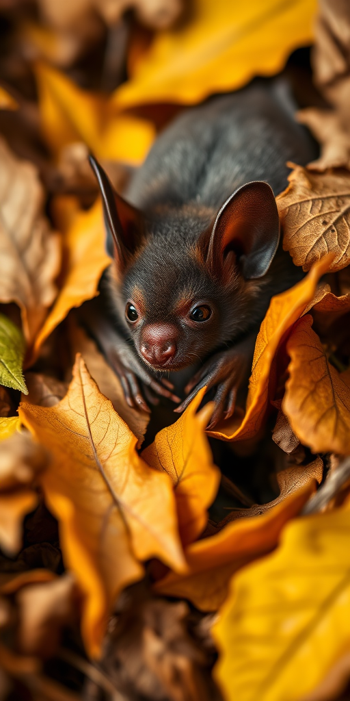 A close-up of a small bat nestled in a pile of autumn leaves, captured with a Canon EOS R5, 85mm f/1.2 lens, ISO 400, aperture f/2.8, shallow depth of field, natural light, high detail, vibrant colors.