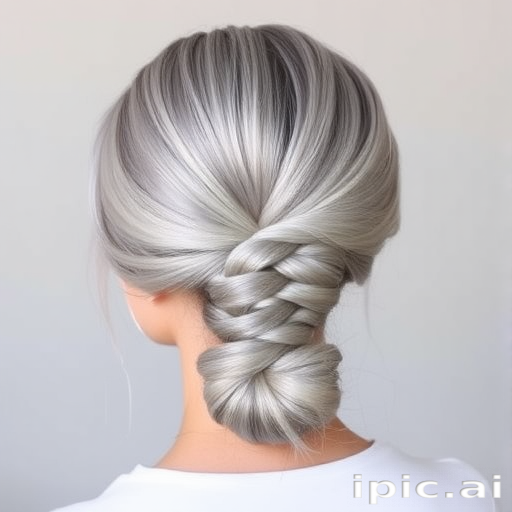 Silvery gray hair styled in a sleek low ponytail with an intricate braided wrap, Sterling Elegance design, showcasing a polished and sophisticated look with a modern twist