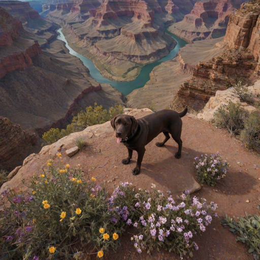 dark and unsettling dream showing in Grand Canyon, USA, Overhead View, sage and brown Labrador Retriever is esthetic, captivating spring bloom on the background , avatar of elements. magical surrealism, wizardry. best quality, high resolution (embedding:dw01-3400:0.8) <lora:F_QuinnXL:0.8>