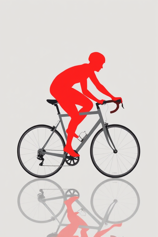 Create an illustration of a cyclist with a simplified design, using a red figure on a gray bicycle, reflecting the image below, captured with a 50mm lens at f/1.8, ISO 100, in bright daylight, with a focus on sharp details and vibrant colors, using a digital camera.