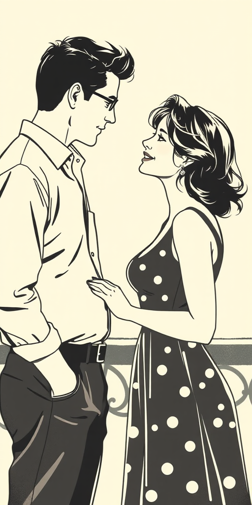 Create a vintage-style black and white illustration of a man and woman engaging in conversation, shot with a DSLR camera at ISO 400, f/2.8 aperture, 50mm lens, using a soft-focus effect and natural light to enhance the romantic ambiance.