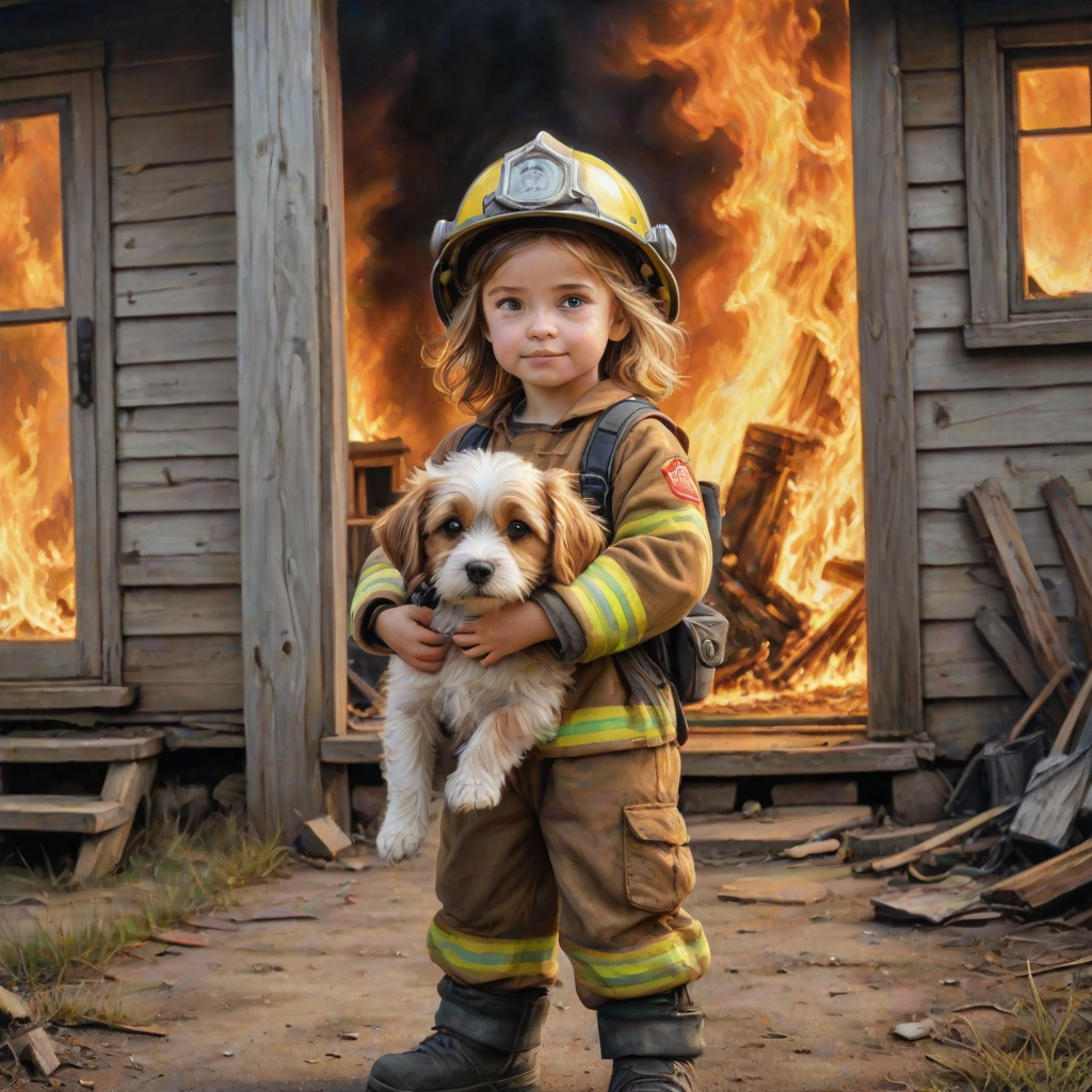 airbrushed oil painting, pixar style, cute little girl in fireman gear, helmet, tousled hair, expressive eyes, standing in the doorstep of a cottage burning behind him, holding a cute little dog in her arm, atumn sky