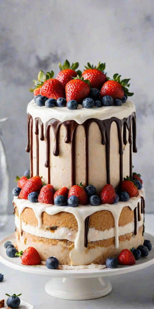 Create an image of a round cake with a smooth white frosting. The top is decorated with fresh strawberries, blueberries, and cookie pieces. There is a rich chocolate drip effect cascading down the sides of the cake. The cake is placed on a simple white cake board, with a blurred background suggesting a dessert setting.