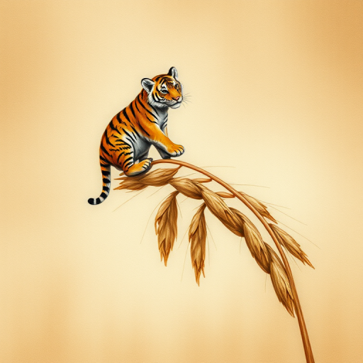 Soft, muted Alcohol Ink with ebru effect background image of tiny whimsical tiger, who climbed high on the top of a golden rye ear.
