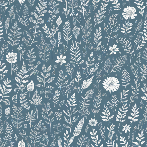 Create a seamless pattern featuring a variety of whimsical hand-drawn floral and leaf designs on a soft blue background. Incorporate different shapes and sizes of plants, including flowers, ferns, and abstract foliage, all outlined in white. The overall style should be playful and organic, with a balanced distribution of elements throughout the composition.