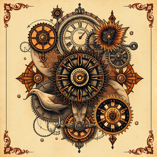 Steampunk-inspired tattoo artwork called "Clockwork Dreams" featuring intricate gears cogs and mechanical elements combined with Victorian-era motifs rendered in rich sepia and copper tones