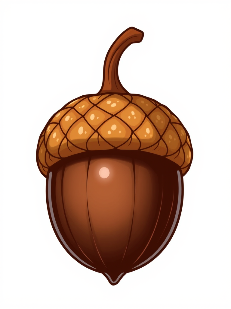 Create a detailed illustration of a stylized acorn, focusing on smooth lines and a glossy texture, using a Canon EOS 5D Mark IV camera with a 50mm lens, aperture set to f/2.8, ISO 100, and soft lighting for a clean background.