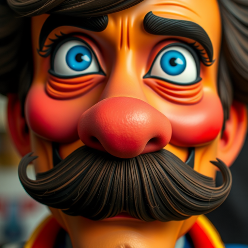 Create a colorful, stylized illustration of a character with exaggerated features, vibrant blue eyes and a large mustache, using a DSLR camera with a 50mm lens, f/1.8 aperture, ISO 100, capturing a close-up view with soft lighting and a blurred background for enhanced focus on the character.