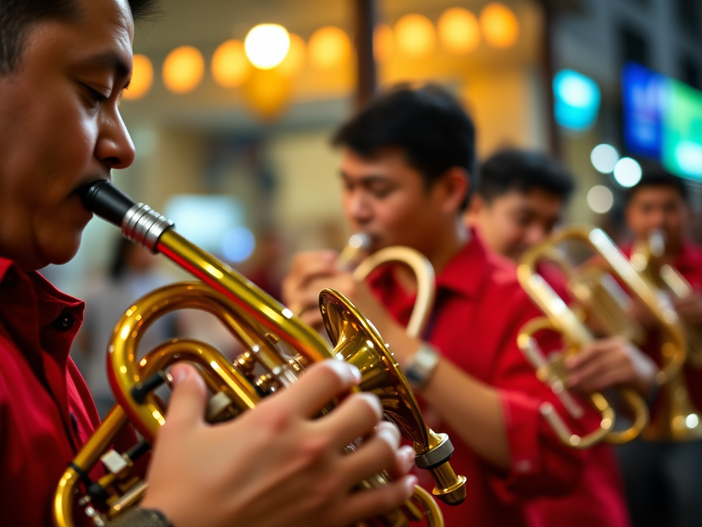 Close-up shot of musicians in red shirts playing traditional brass instruments at night, shallow depth of field, ISO 800, aperture f/2.8, shutter speed 1/60s, using a DSLR with a 50mm lens, low light photography style.