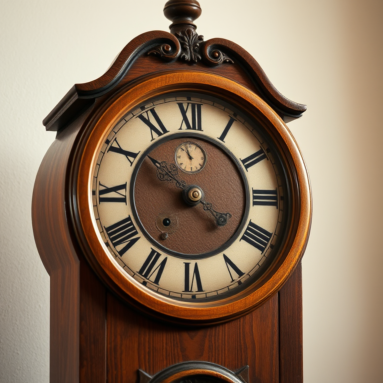Regenerate an image of an antique wooden clock with Roman numerals, using a DSLR camera with a 50mm lens at f/1.8, ISO 100, shutter speed 1/60s, in a soft natural light setting, focused on the clock's intricate details in a studio environment.