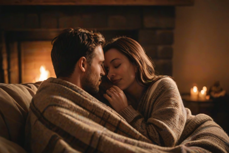 Warm, intimate image of a couple snuggling under a blanket on a couch, soft glow from a nearby fireplace casting warm shadows, with the sound of crackling wood and the smell of pine filling the room.