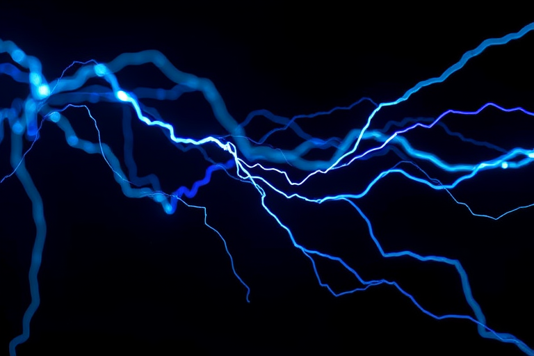 Generate a high-resolution image of dynamic blue electric currents on a dark background, using a Canon EOS R5 camera with a 24-70mm f/2.8 lens, ISO 100, aperture f/8, shutter speed 1/60 sec, shot from a close-up view with a macro style.