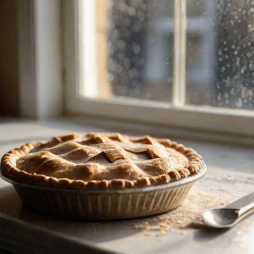 Close-up of a freshly baked pie cooling on a windowsill, soft afternoon light streaming through the window, with flour-dusted countertops and baking utensils softly blurred in the background.