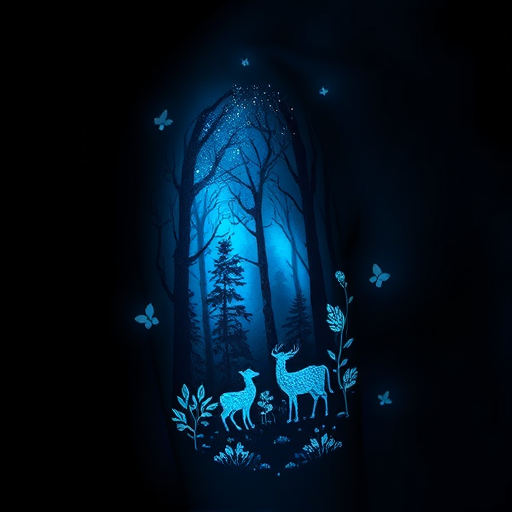 Luminous glow-in-the-dark tattoo called "Bioluminescent Forest" showcasing a magical woodland scene with phosphorescent ink that charges in daylight to emit a soft ethereal glow in darkness intricate details of flora and fauna come alive at night creating an enchanted landscape on the skin