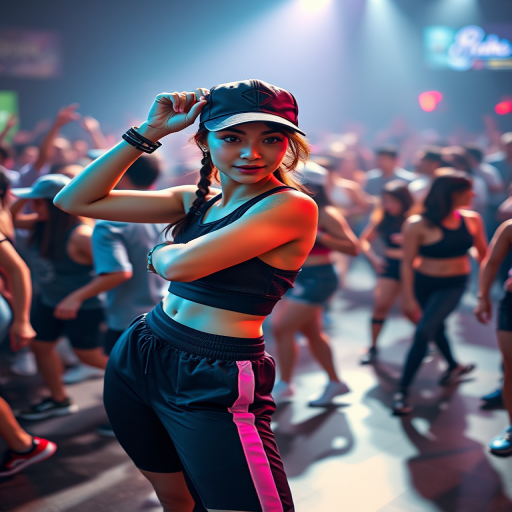 Regenerate an animated image of a young woman in a dark athletic outfit and cap, posing confidently amidst a dancing crowd, with vibrant lighting and a dynamic pose; use a Canon EOS R5 with a 50mm lens, aperture f/1.8, ISO 100, 1/160 sec shutter speed, shooting from a low angle for dramatic effect, and apply a cinematic style.