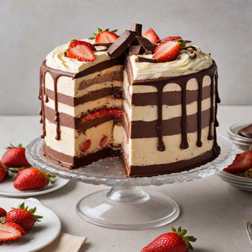 Create an image of a multi-layered ice cream cake. The cake should have distinct layers of chocolate, strawberry, and vanilla, all clearly visible. The top should be decorated with chocolate frosting and a few scoops of ice cream. Place the cake on a clear glass cake stand with a simple, soft background.
