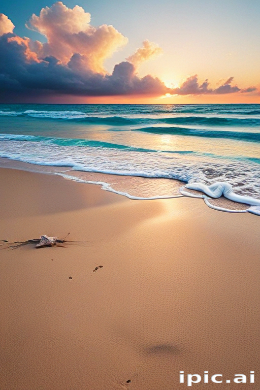 Tranquil Sunset Over Serene Beach with Gentle Waves and Soft Sand