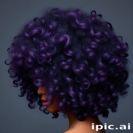 Voluminous curly afro dubbed "Midnight Majesty" showcases a rich array of deep purple hues interwoven with subtle silver strands, creating a regal and ethereal appearance