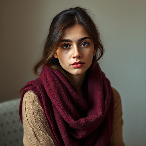 Regenerate the image of a young woman with a maroon scarf, seated in a soft, muted background, using a Canon EOS R5, 85mm f/1.2 lens, aperture set to f/2.8, ISO 200, natural light for soft shadows and highlights, with a painterly style and a focus on soft textures and warm tones.