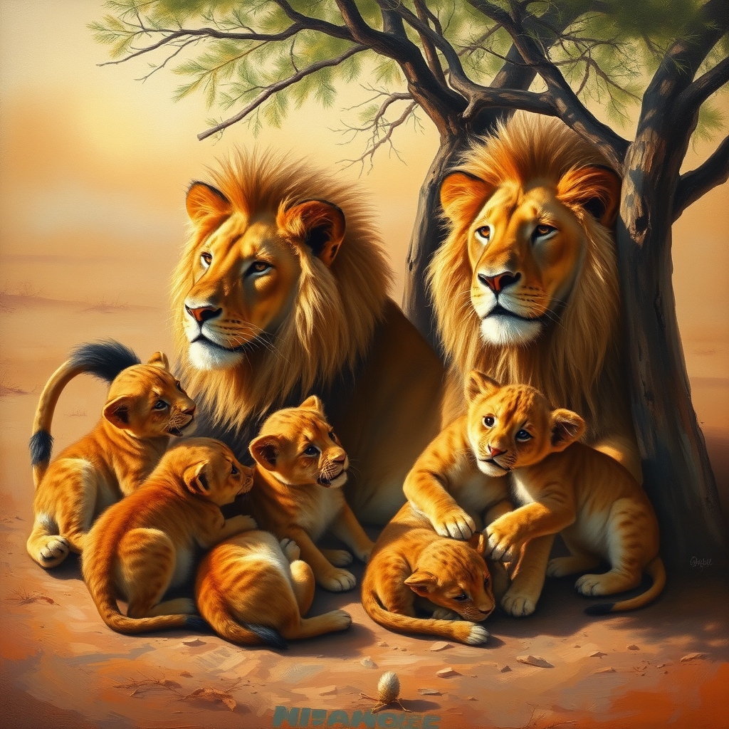 a beautiful realistic oil painting of a Lioness and Lion laying next to each other in a small shade tree while their cubs are playing around them.  1 cub is playing with The lions tail and 1 is biting the lionesses ear.  Setting is African desert.  The scene is warm and serene
