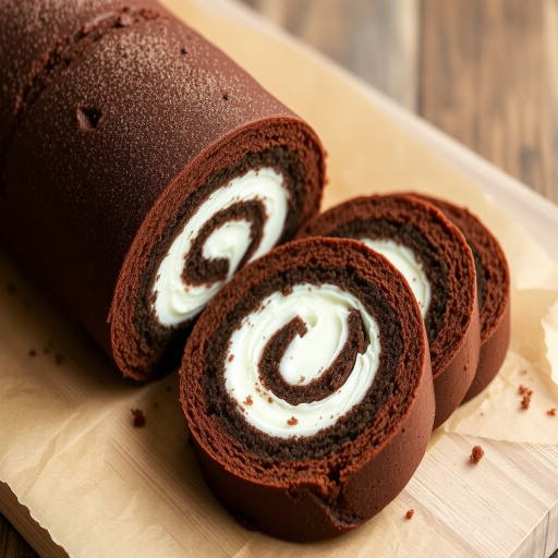 Chocolate roll cake with white cream filling sliced on a wooden board with parchment paper, showcasing a rich chocolate exterior and a spiral pattern of cream inside.